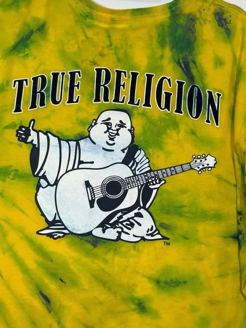 True Religion Men's Yellow and Green Tie-Dye Buddha Logo Graphic T-Shirt XXL